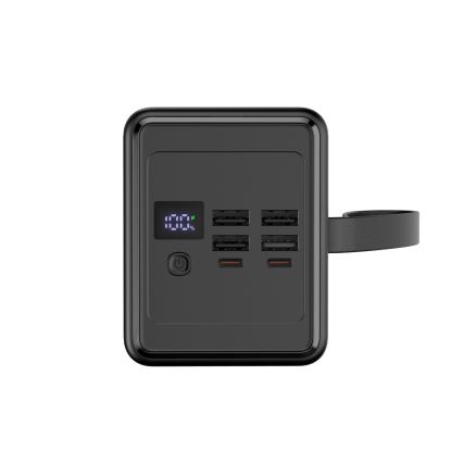 Power bank 70000 mAh 20W Power Delivery 4xUSB-A + 2xUSB-C med LED ficklampa med krok och magnet och USB-C kabel 1m svart