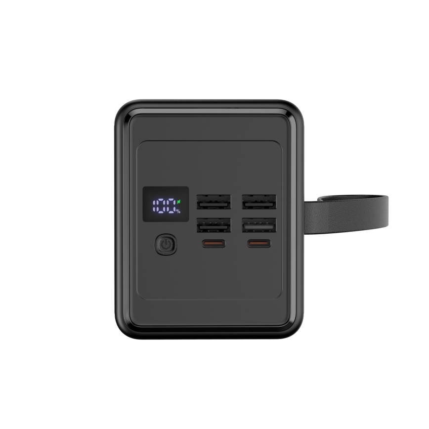 Power bank 70000 mAh 20W Power Delivery 4xUSB-A + 2xUSB-C med LED ficklampa med krok och magnet och USB-C kabel 1m svart