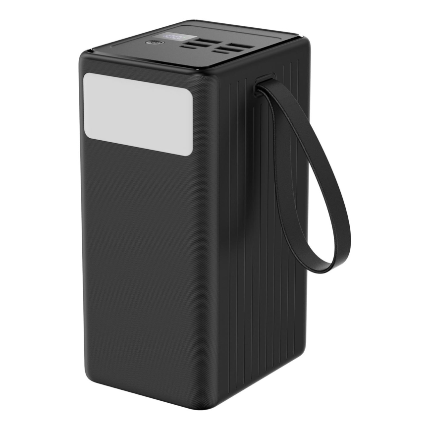 Power bank 70000 mAh 20W Power Delivery 4xUSB-A + 2xUSB-C med LED ficklampa med krok och magnet och USB-C kabel 1m svart