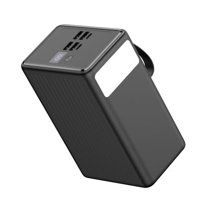 Power bank 80000 mAh 20W Power Delivery 4xUSB-A + 2xUSB-C med LED ficklampa med krok och magnet och USB-C kabel 1m svart