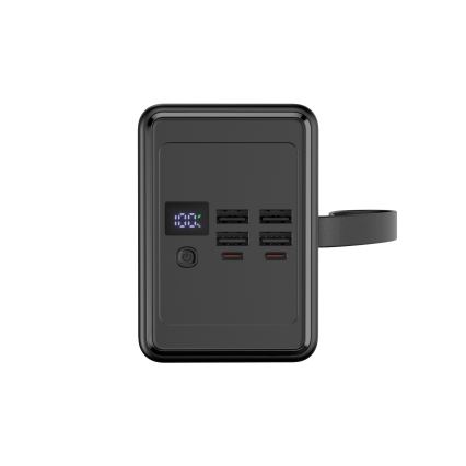 Power bank 80000 mAh 20W Power Delivery 4xUSB-A + 2xUSB-C med LED ficklampa med krok och magnet och USB-C kabel 1m svart