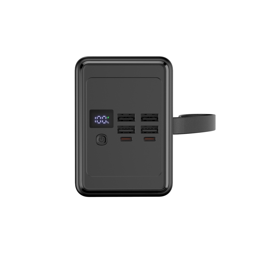 Power bank 80000 mAh 20W Power Delivery 4xUSB-A + 2xUSB-C med LED ficklampa med krok och magnet och USB-C kabel 1m svart