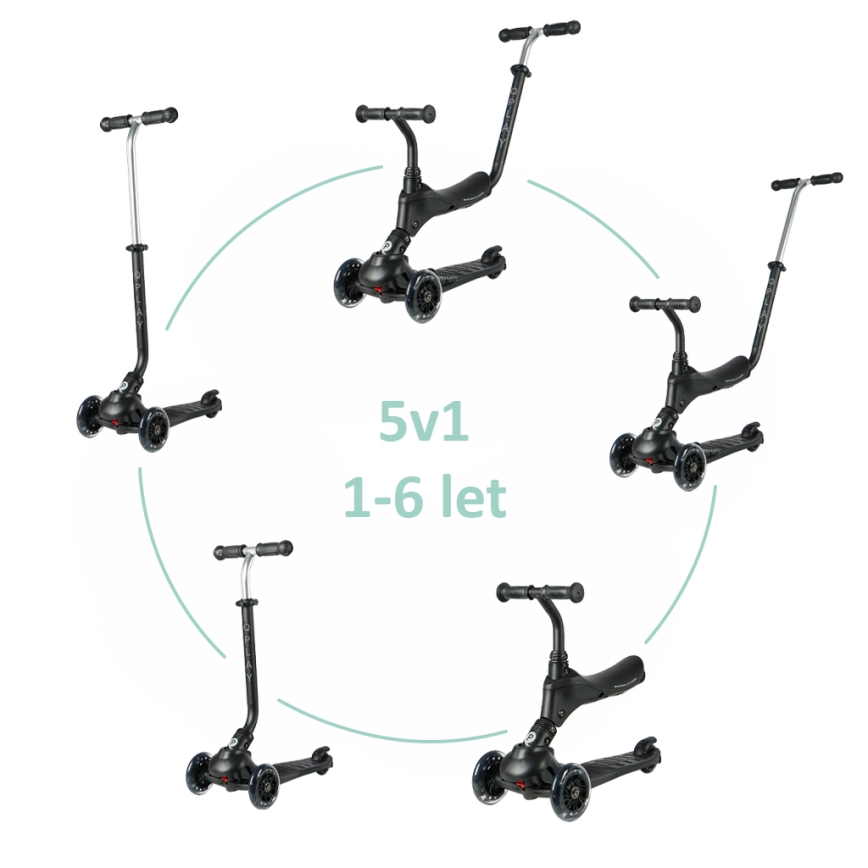 QPlay - Barnsparkcykel med LED-hjul 5-i-1 SEMA PRO svart