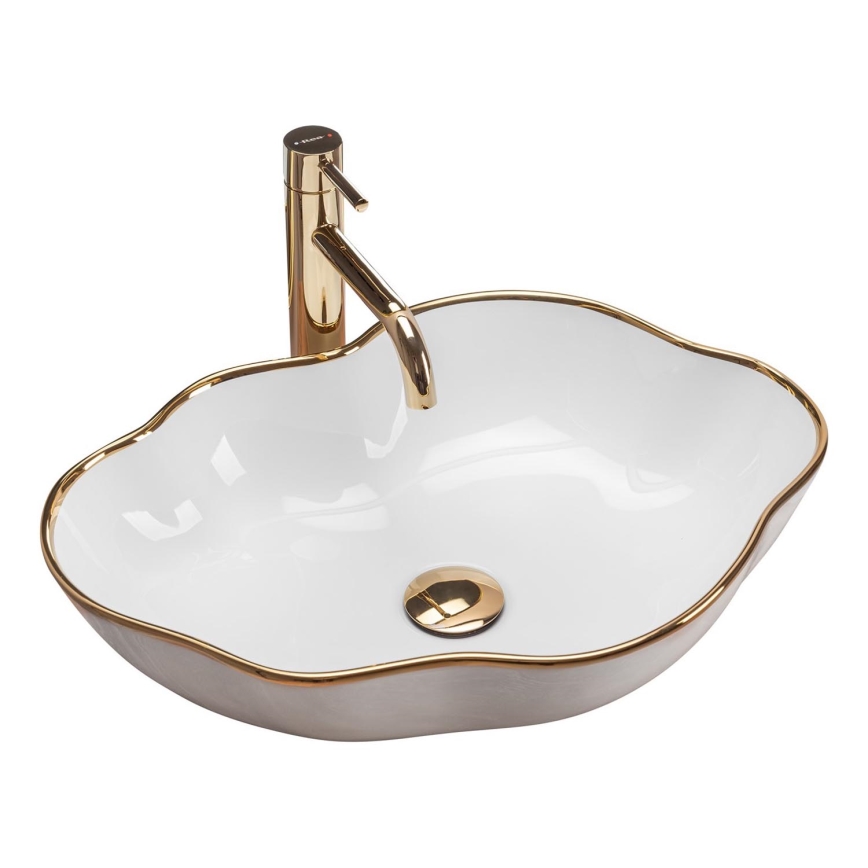 REA-U0696 - Handfat för bänkskiva PEARL 38x50,5 cm keramik/blank vit/guld