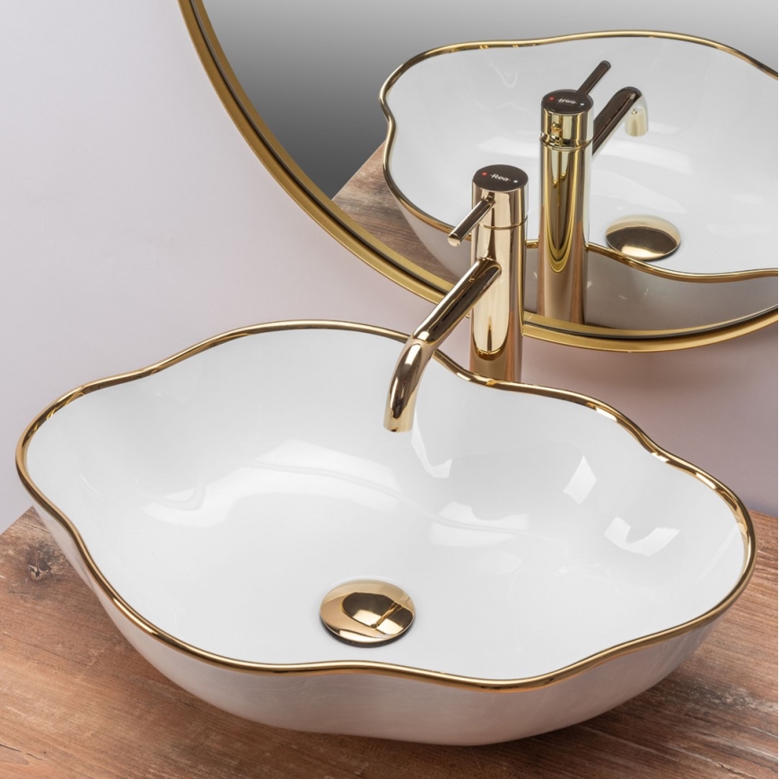 REA-U0696 - Handfat för bänkskiva PEARL 38x50,5 cm keramik/blank vit/guld