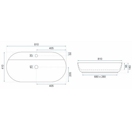 REA-U2541 - AURA tvättställ för bänkskiva 41x81 cm i keramik, blank vit