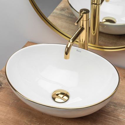 REA-U3287 - Handfat för bänkskiva SOFIA 34,5 x 41 cm keramik/blank vit/guld