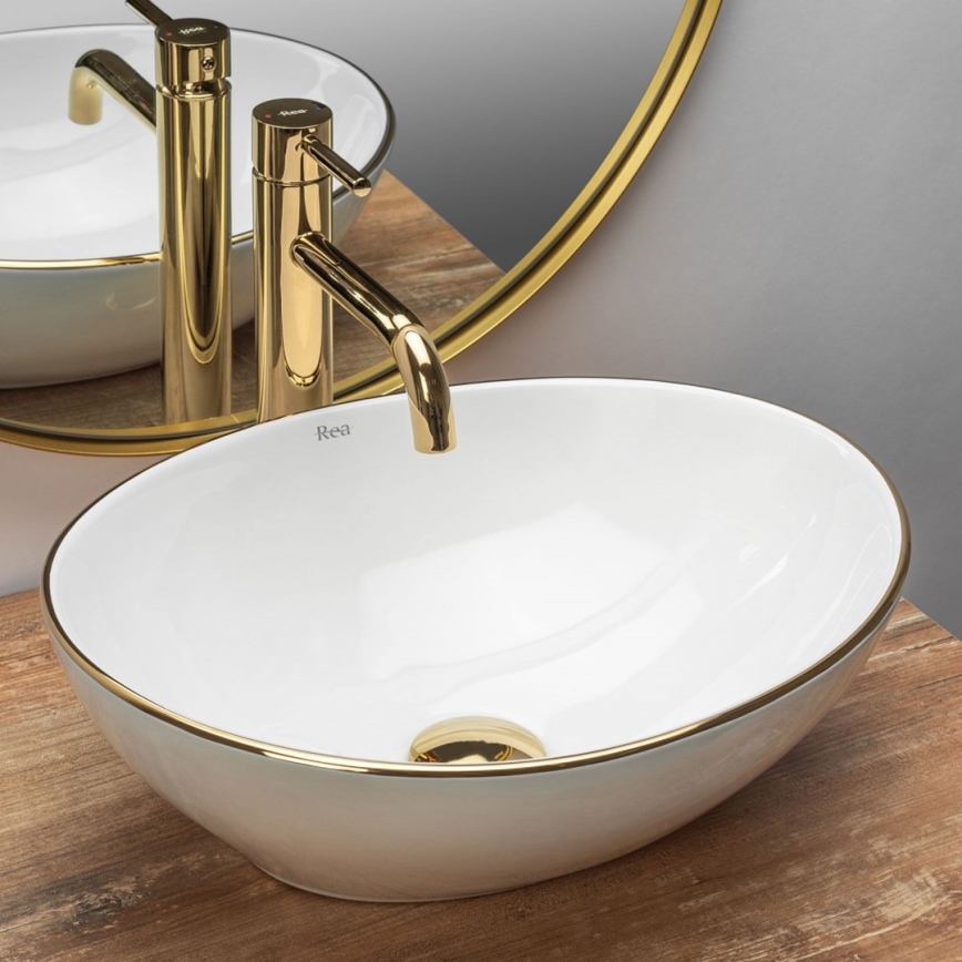 REA-U3287 - Handfat för bänkskiva SOFIA 34,5 x 41 cm keramik/blank vit/guld