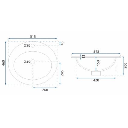 REA-U4122 - Infällt tvättställ DALIA 46x51,5 cm keramik/blank vit