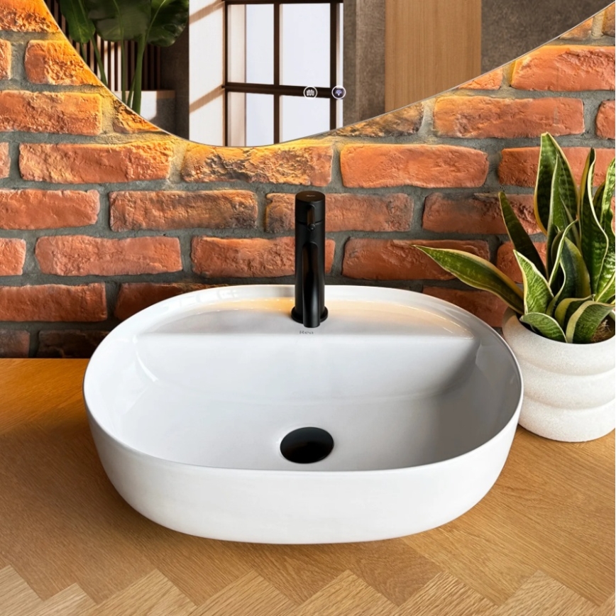 REA-U4620 - Handfat för bänkskiva AURA 38,5x50,5 cm keramik/blankvit