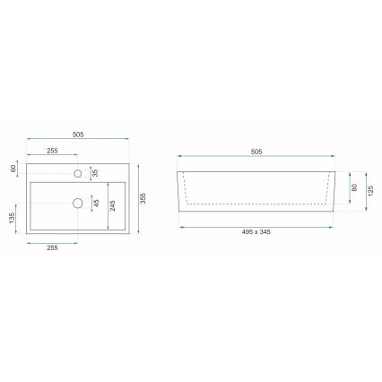 REA-U5000 - Tvättställ för bänkskiva VALERIA 35,5 x 50,5 cm, keramik/blank vit
