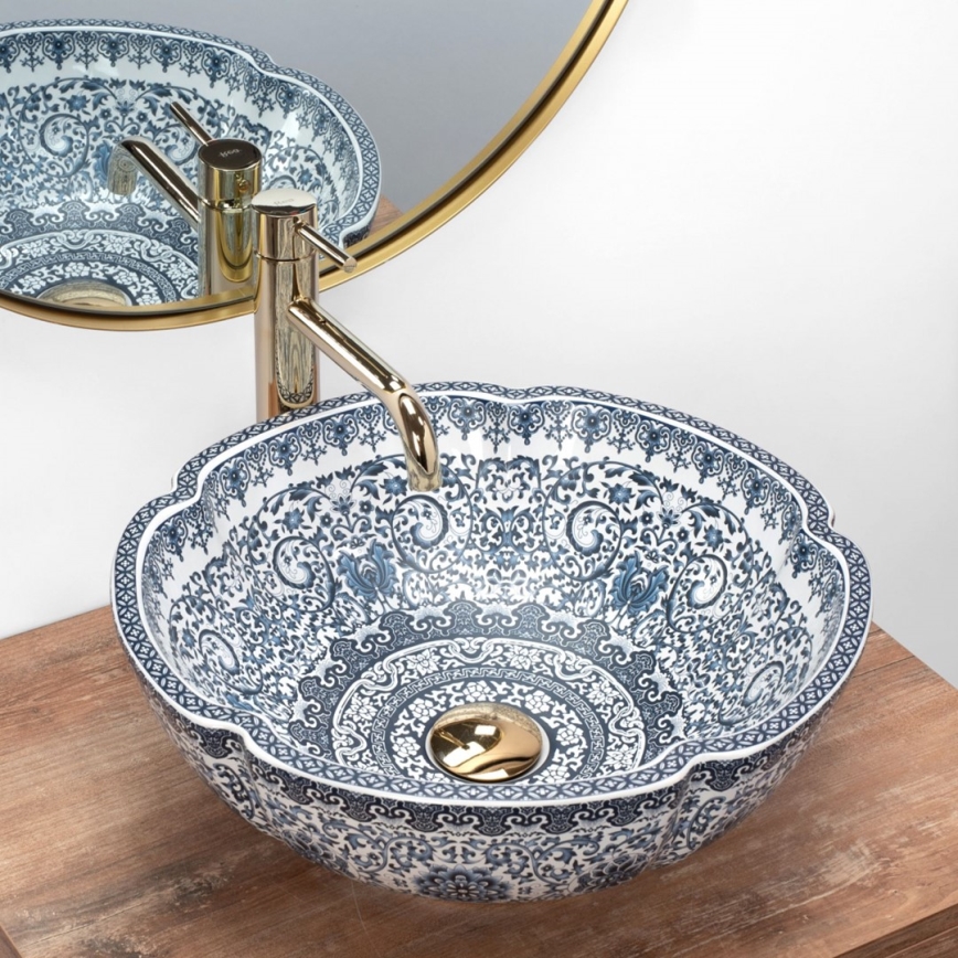 REA-U5666 - Handfat för bänkskiva VIVIEN Ø 42,5 cm, keramik med ornamentellt mönster