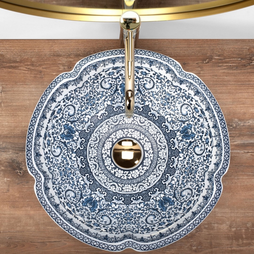 REA-U5666 - Handfat för bänkskiva VIVIEN Ø 42,5 cm, keramik med ornamentellt mönster