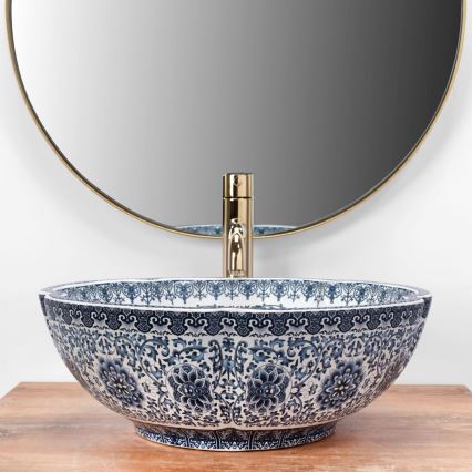 REA-U5666 - Handfat för bänkskiva VIVIEN Ø 42,5 cm, keramik med ornamentellt mönster