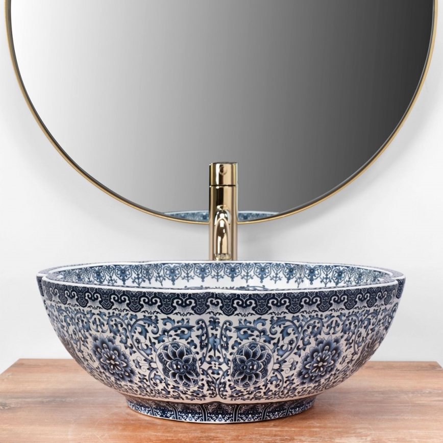 REA-U5666 - Handfat för bänkskiva VIVIEN Ø 42,5 cm, keramik med ornamentellt mönster
