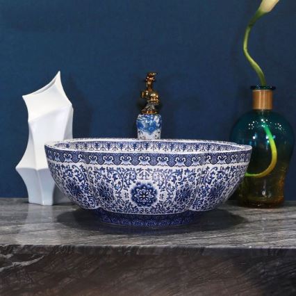 REA-U5666 - Handfat för bänkskiva VIVIEN Ø 42,5 cm, keramik med ornamentellt mönster