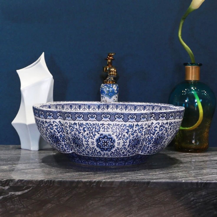 REA-U5666 - Handfat för bänkskiva VIVIEN Ø 42,5 cm, keramik med ornamentellt mönster