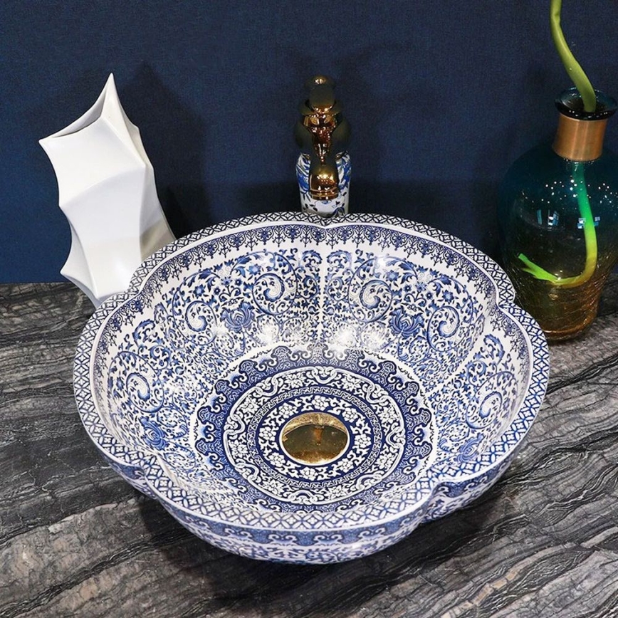 REA-U5666 - Handfat för bänkskiva VIVIEN Ø 42,5 cm, keramik med ornamentellt mönster
