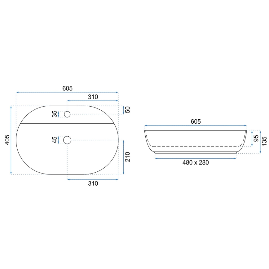 REA-U7900 - Tvättställ för bänkskiva AURA 40,5x60,5 cm keramik/blank vit
