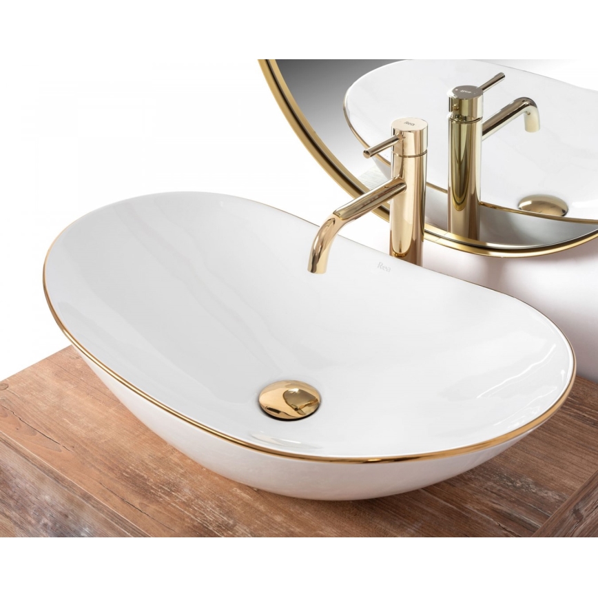 REA-U8570 - Tvättställ för bänkskiva ROYAL 36x62 cm keramik/blank vit/guld