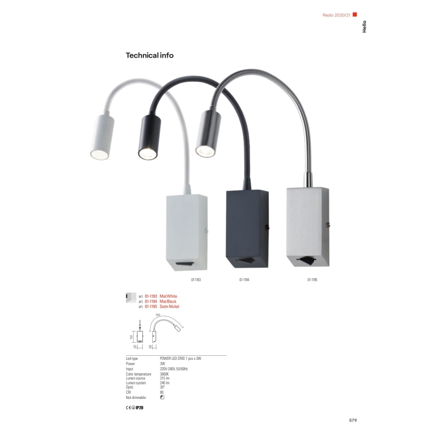 Redo 01-1193 - LED Flexibel liten lampa HELLO LED/3W/230V vit