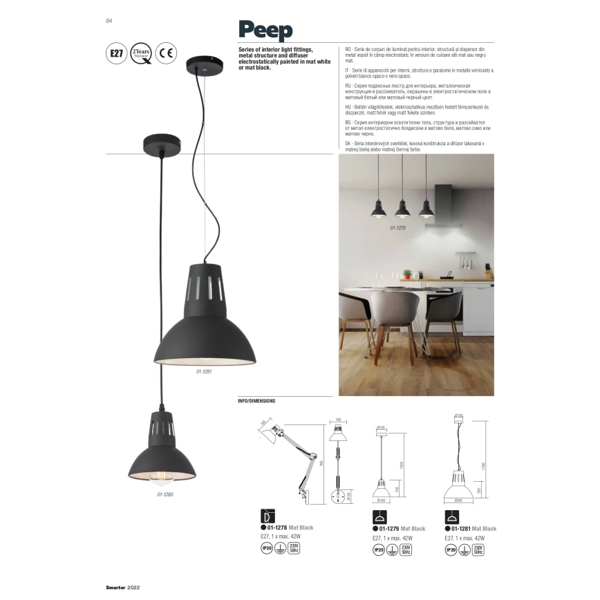 Redo 01-1281 - Pendel med sladd PEEP 1xE27/42W/230V Ø 34,5 cm svart