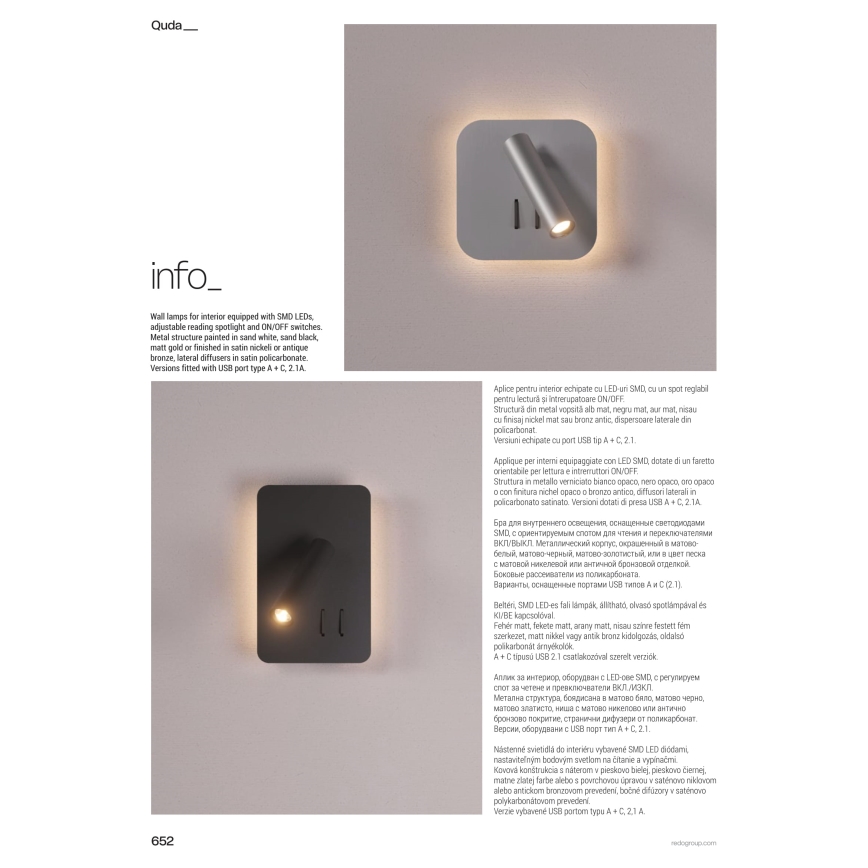 Redo 01-1492 - LED väggarmatur QUDA LED/6W/230V + LED/3W CRI 90 USB svart