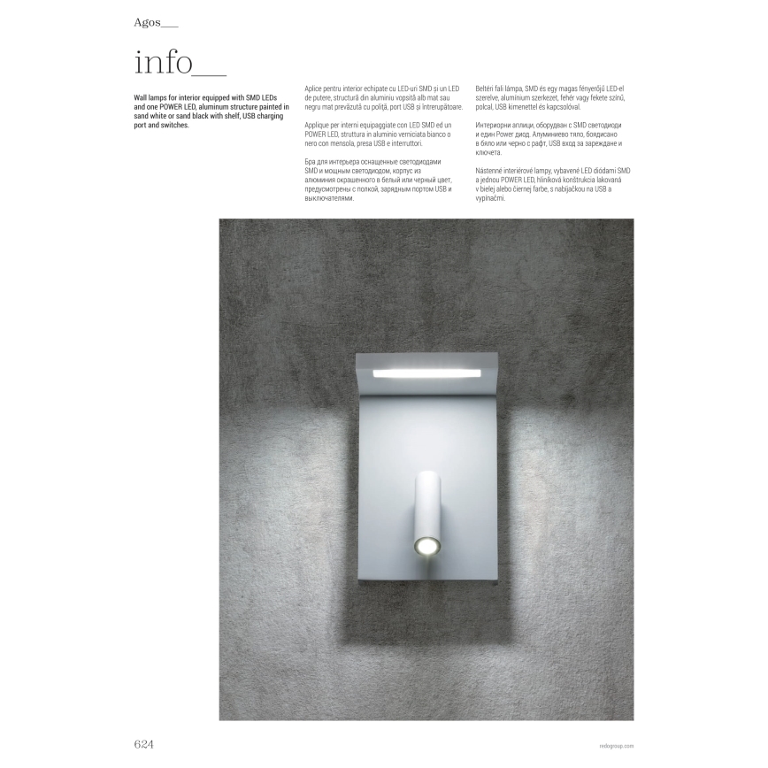Redo 01-1499 - LED väggspotlight AGOS LED/6W/230V + LED/3,2W USB vit