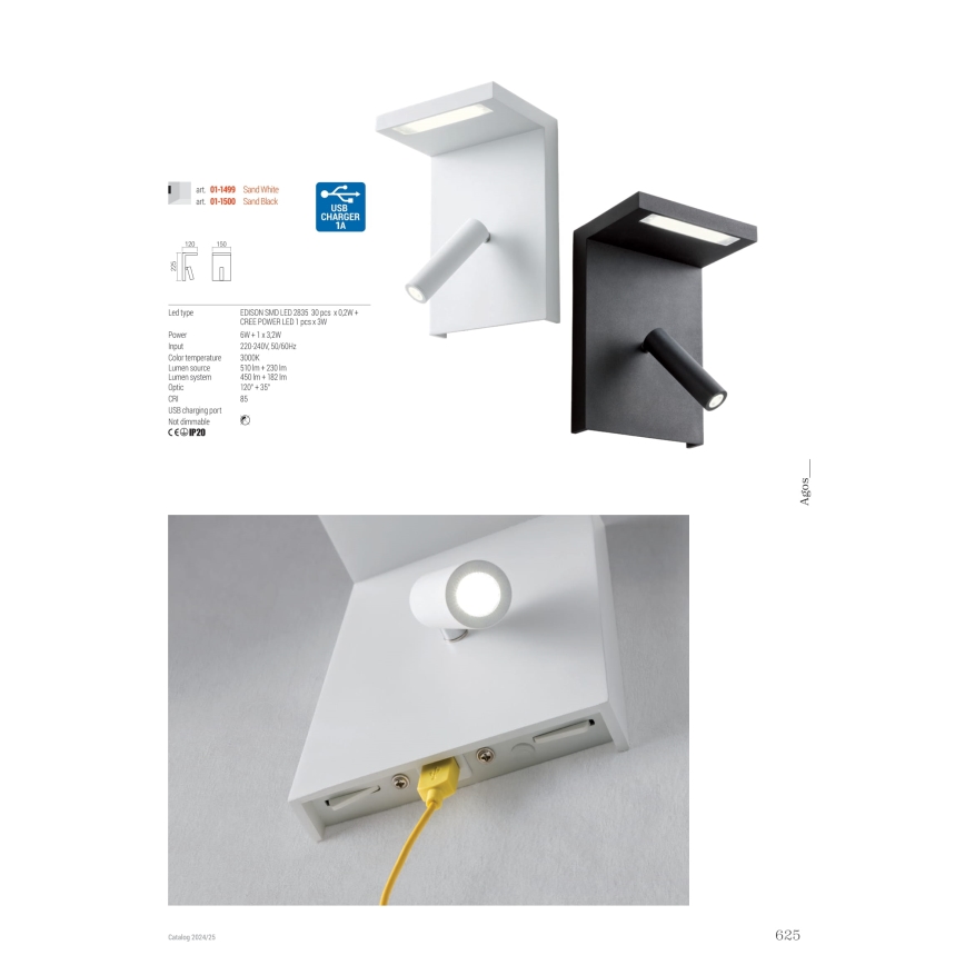 Redo 01-1499 - LED väggspotlight AGOS LED/6W/230V + LED/3,2W USB vit