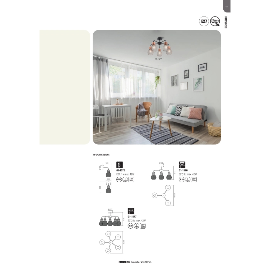 Redo 01-1577 - Taklampa på stång EDISON 5xE27/42W/230V Ø 53 cm svart/koppar