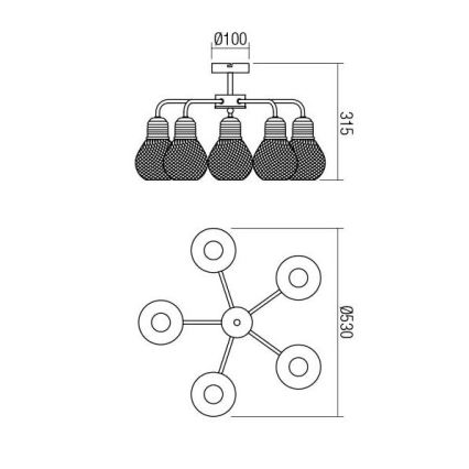 Redo 01-1577 - Taklampa på stång EDISON 5xE27/42W/230V Ø 53 cm svart/koppar
