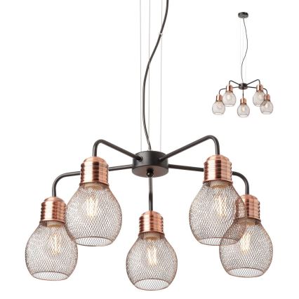 Redo 01-1580 - Pendellampa på sladd EDISON 5xE27/42W/230V Ø 53 cm svart/koppar