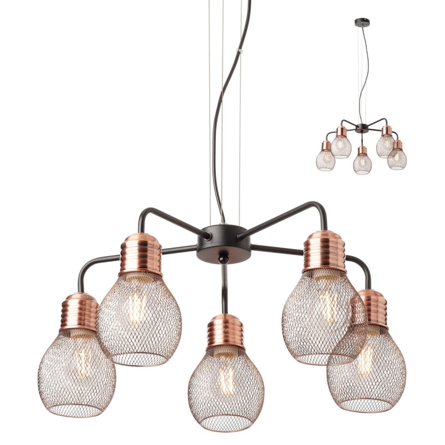 Redo 01-1580 - Pendellampa på sladd EDISON 5xE27/42W/230V Ø 53 cm svart/koppar
