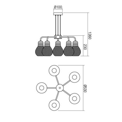 Redo 01-1580 - Pendellampa på sladd EDISON 5xE27/42W/230V Ø 53 cm svart/koppar