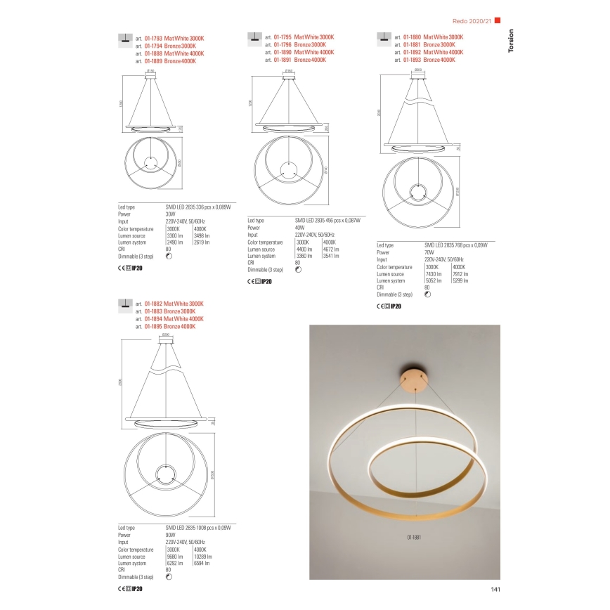 redo 01-1796 - LED Ljuskrona med snöre TORSION LED/40W/230V brons