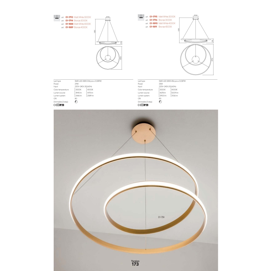 Redo 01-1891 - LED-dimbar pendellampa på vajer TORSION LED/35W/230V 4000K Ø 75 cm brons