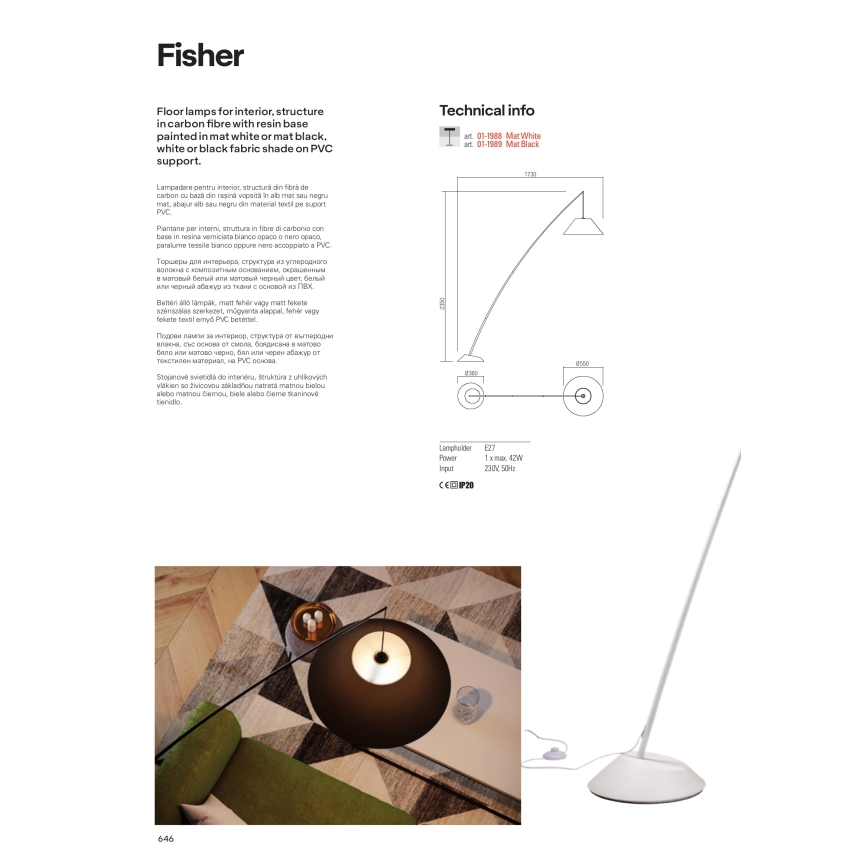 Redo 01-1988 - Golvlampa FISHER 1xE27/42W/230V, vit