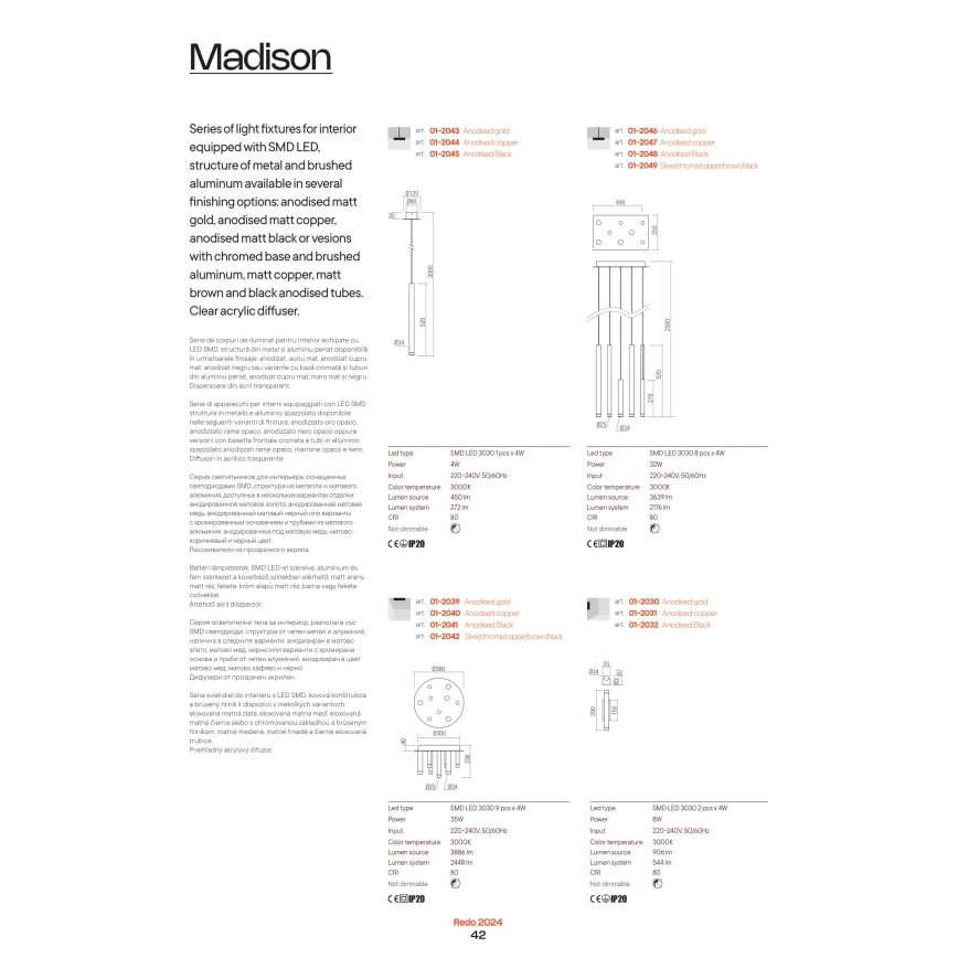 Redo 01-2043 - LED ljuskrona med textilsladd MADISON LED/4W/230V guld