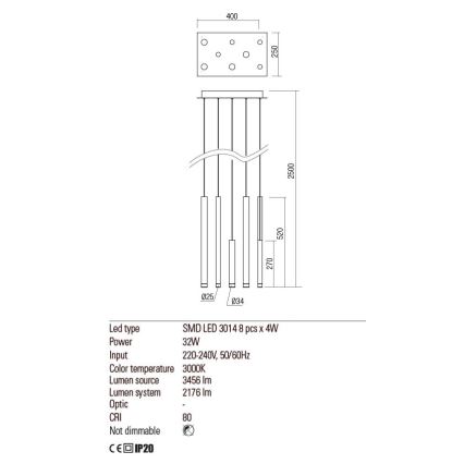 Redo 01-2046 - LED ljuskrona med textilsladd MADISON 8xLED/4W/230V guld