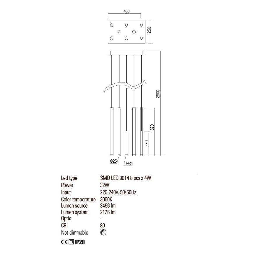 Redo 01-2046 - LED ljuskrona med textilsladd MADISON 8xLED/4W/230V guld