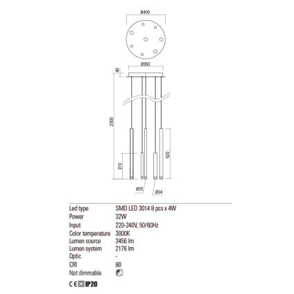 Redo 01-2050 - LED ljuskrona med textilsladd MADISON 8xLED/4W/230V guld
