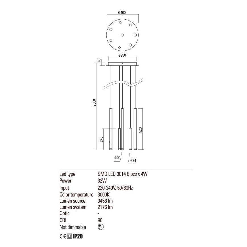 Redo 01-2050 - LED ljuskrona med textilsladd MADISON 8xLED/4W/230V guld