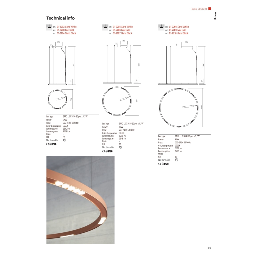 Redo 01-2206 - LED ljuskrona med textilsladd UNION LED/50W/230V CRI 90 3000K diameter 90 cm guld