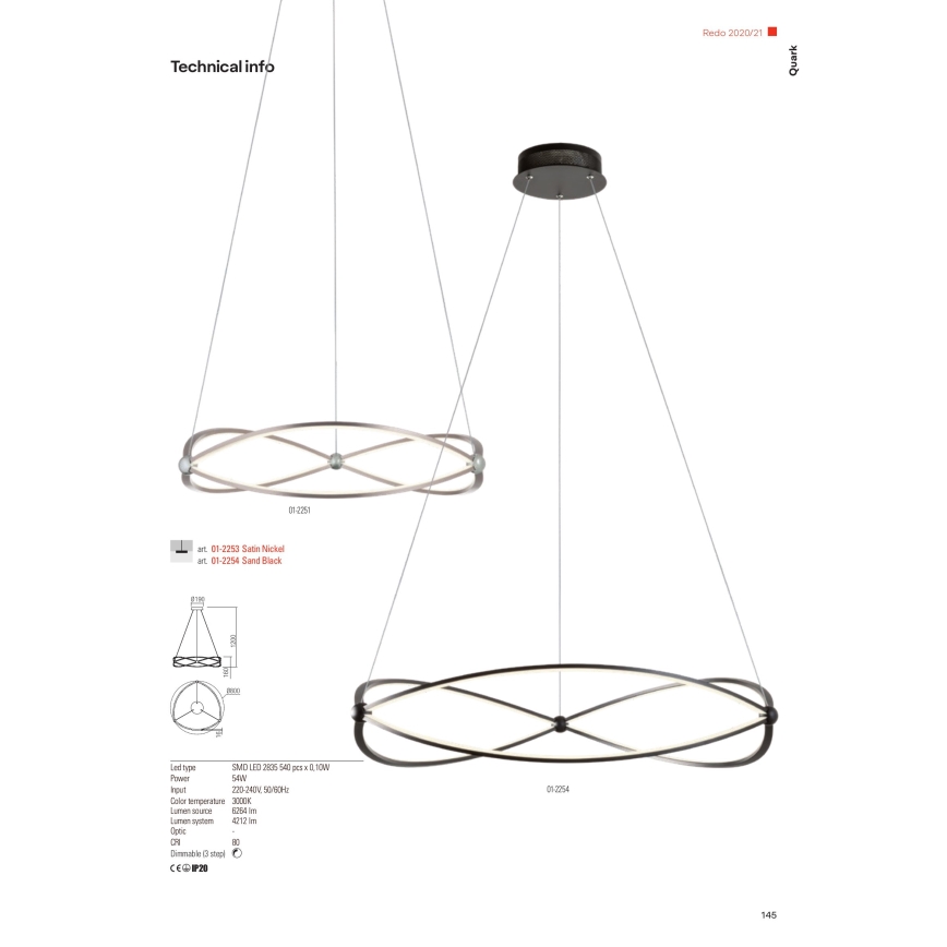 Redo 01-2251 - LED ljusreglerad ljuskrona på textilsladd QUARK LED/43W/230V 3000K diameter 60 cm matt krom