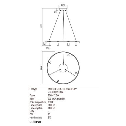 Redo 01-2492 - LED ljuskrona med textilsladd SUMMIT LED/53,5W/230V CRI 90 diameter 80,8 cm guld