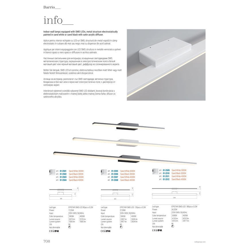 Redo 01-2507 - Badrumsspegel med LED-belysning BARRIO LED/27,39W/230V 90 cm CRI 90 IP44 vit