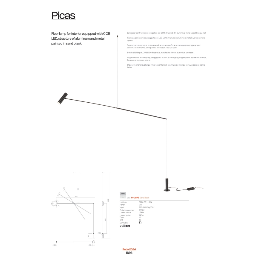 Redo 01-2695 - LED Dimbar golvlampa PICAS LED/12W/230V svart