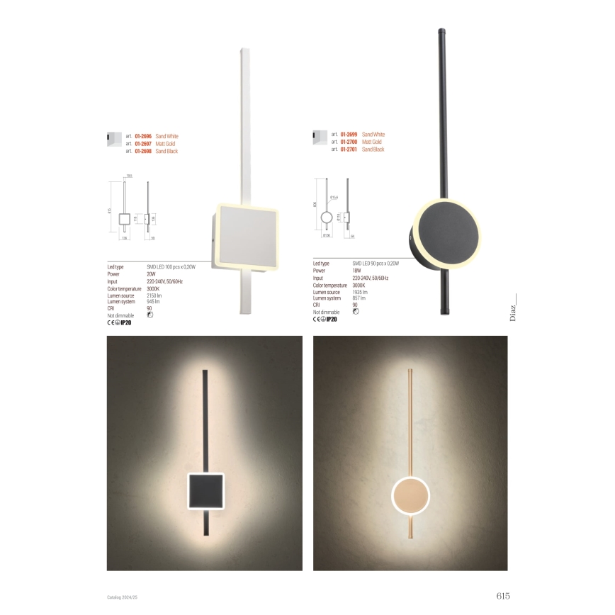 Redo 01-2701 - LED väggbelysning DIAZ LED/18W/230V CRI 90 svart