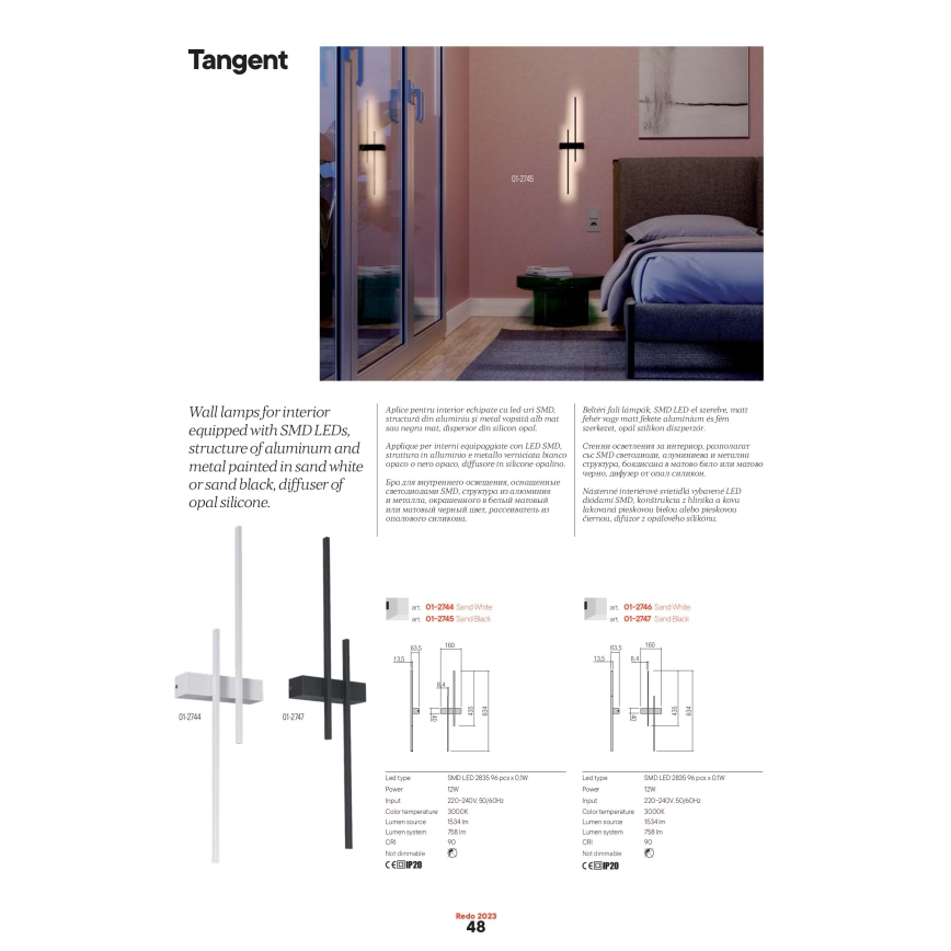 Redo 01-2747 - LED-väggarmatur TANGENT LED/13W/230V CRI 90 svart