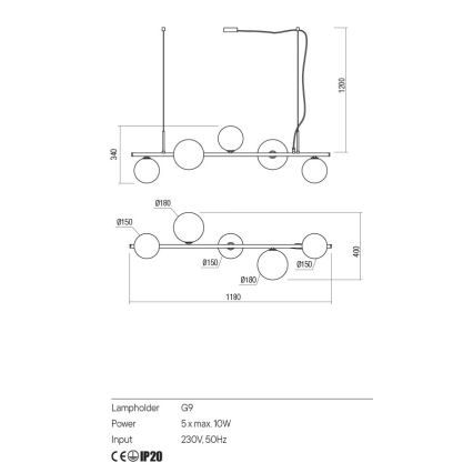 Redo 01-2779 - Pendelkrona ROY 5xG9/10W/230V